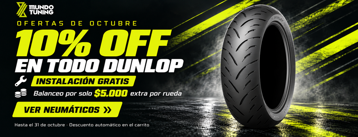 10% OFF en Dunlop, instalación gratis y balanceo por $5.000 extra por rueda. Hasta el 31 de octubre.